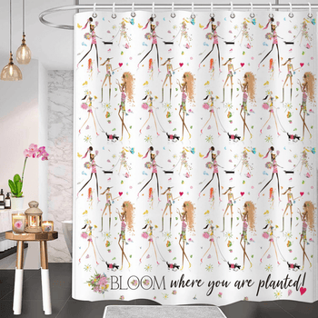 GirlPower 247-Fun Chic Inspirational Shower Curtain with quote: Bloom where you are planted!