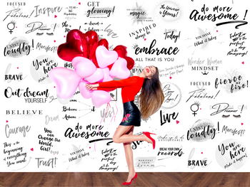 Girl with heart balloons with the Girl Power 24/7 wallpaper - Be Unstoppable