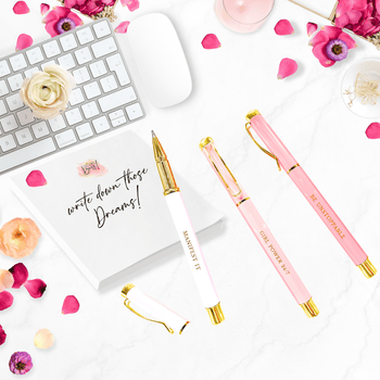 Beautiful pens with inspirational sayings: Manifest it, Girl Power 24/7, Be Unstoppable 