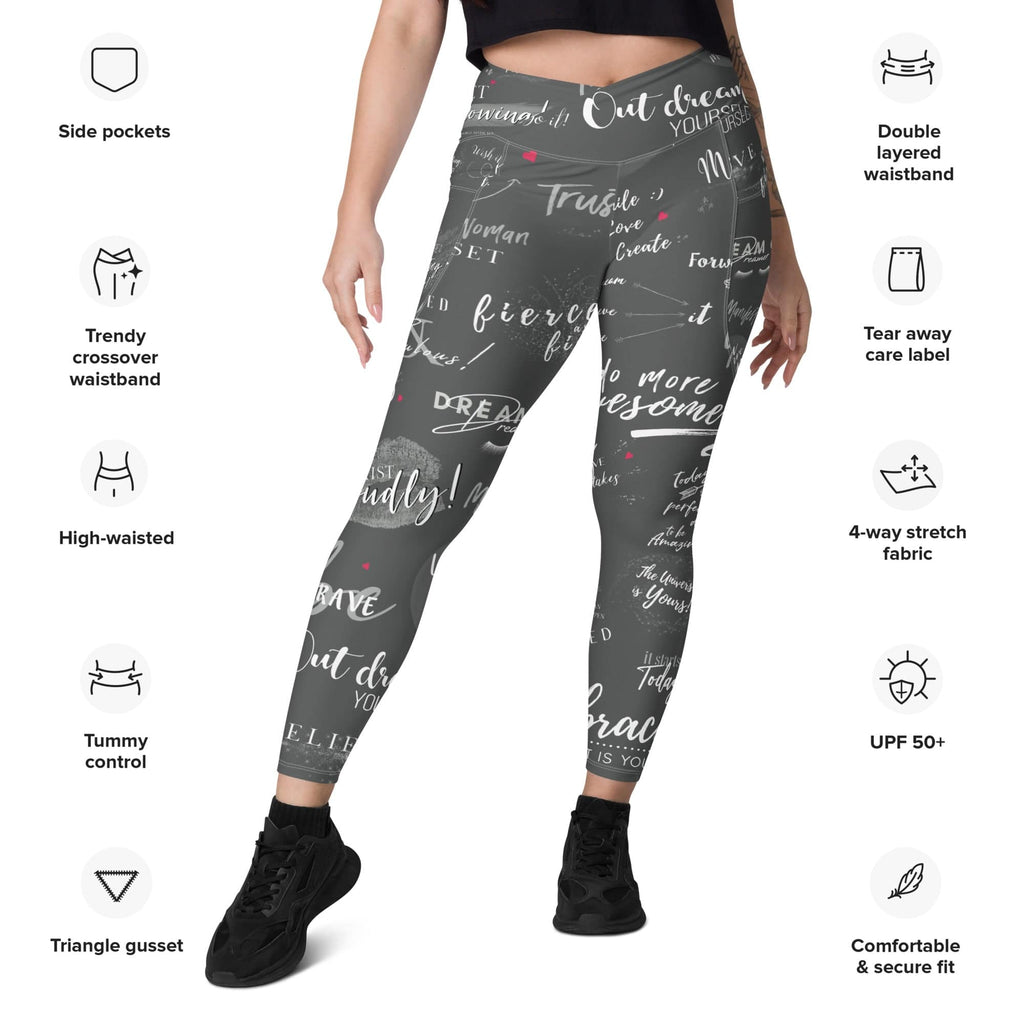 Girl Power 24/7™ Crossover Leggings with Pockets - "Be Unstoppable in Gray"
