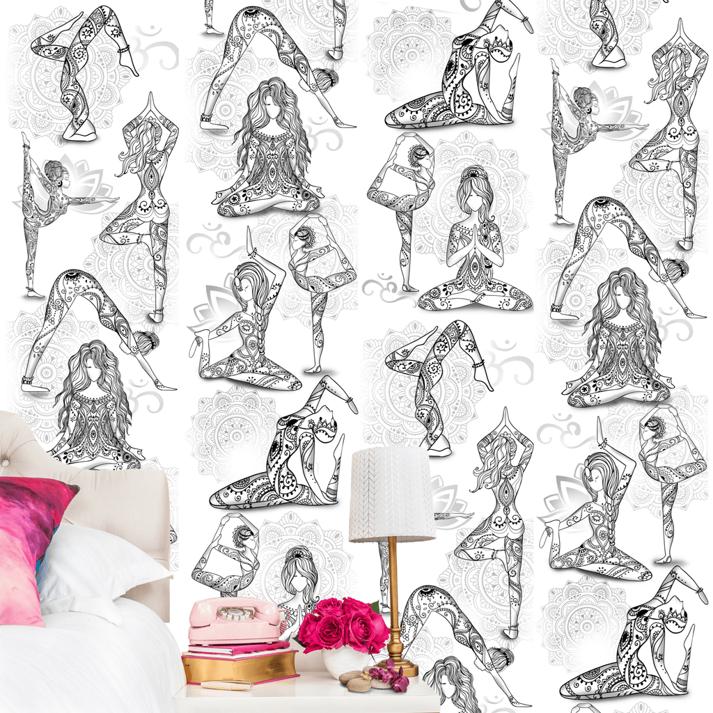 Namaste Girls Inspirational Peel and Stick Wallpaper with Unique Ohm Symbols, Mandalas  and Mindful Yoga Poses
