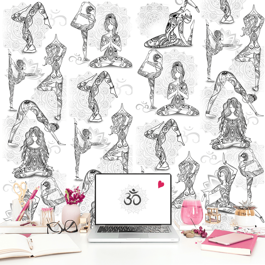 GirlPower 247 Namaste Girls Yoga Inspirational peel and stick wallpaper  for Yoga inspiration for Office decor Ohm Bliss - Black and White color.png