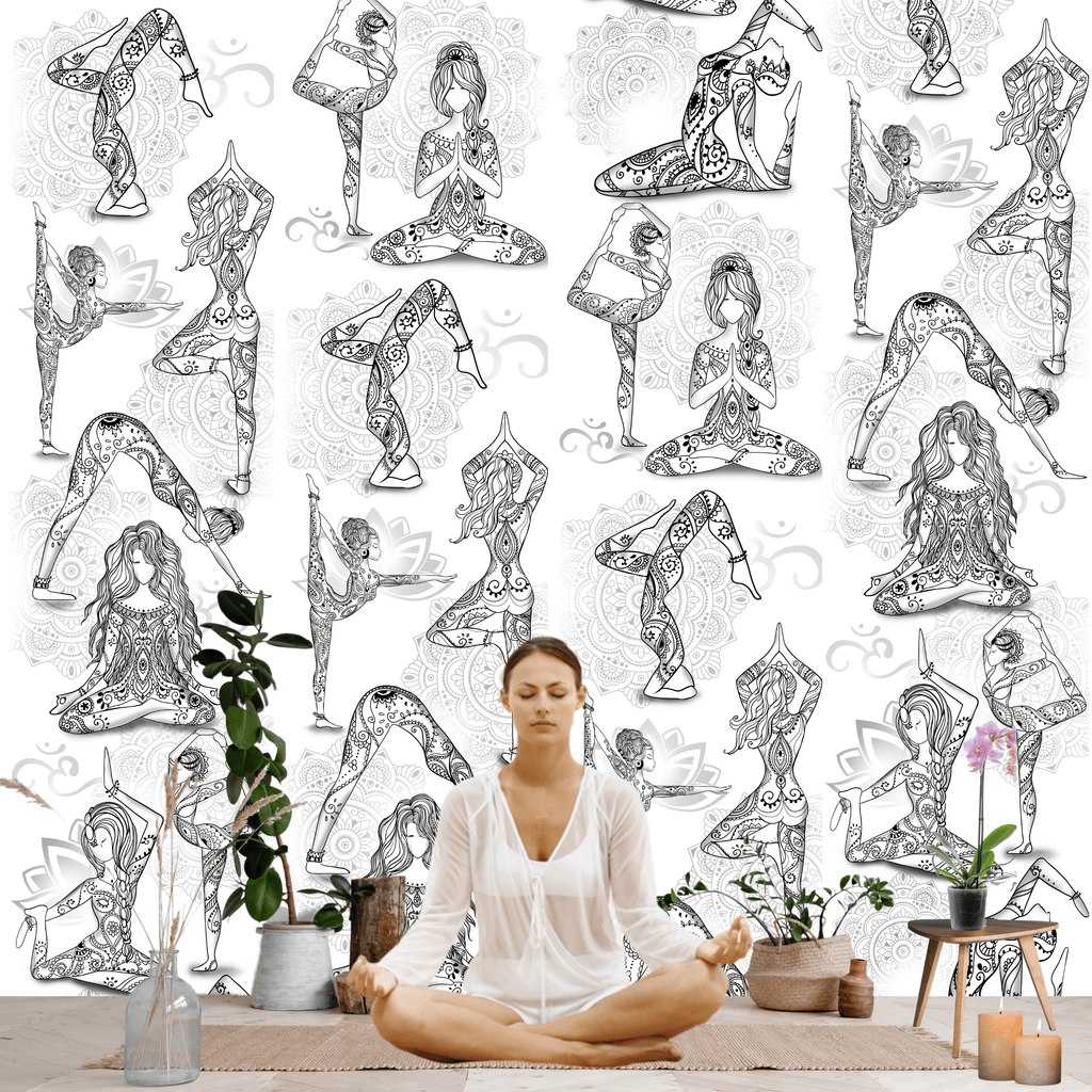 Girl Power 24/7 Namaste Girls Yoga Inspirational peel and stick wallpaper For Yoga Meditation and home Decor -  Ohm Bliss - Black and White color
