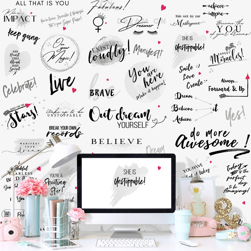 Girl Power 24/7 Motivational  Peel & StickWallpaper -  Be Unstoppable  Office Décor with Inspirational Quotes and Affirmations for Women
